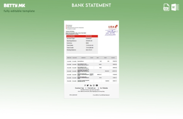 Модерен стил на Замбија Обединета банка за Африка шаблон за извод од банка